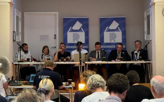 From left to right, Aaron Mafi from the Workers Party, Rachel Brooks from the Green Party, Ben Cronin from Reform Party, Riverside News Editor Cam Hall, Ross Garrod representing Labour, Nick McLean representing Conservative and the Liberal Democrats candidate Paul Kohler.