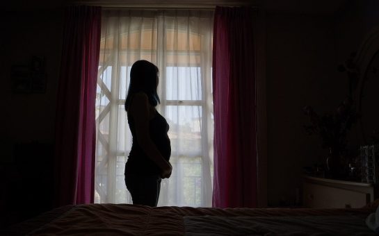 The shadowed outline of a pregnant woman