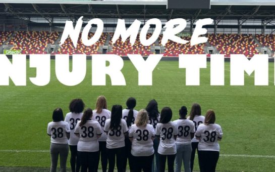 Image of the 'no more injury time' campaign by Solace showing women on the football pitch in the newly designed shirt.