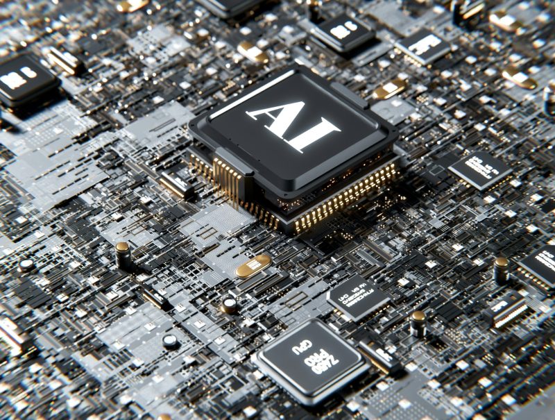 A computer chipboard, with one chip standing out above the rest in the centre of the image, with 'AI' written on it.