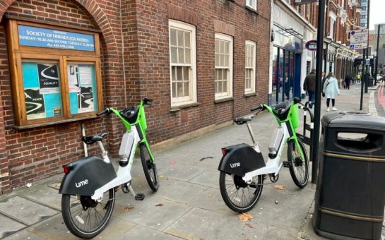 Two lime bikes blocking a street in Wandsworth