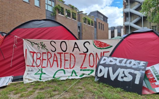 A photo of the pro-Palestinian protest encampment at SOAS University of London
