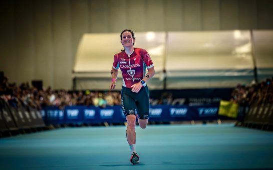 Kat Matthews finishing third in the London T100 Triathlon