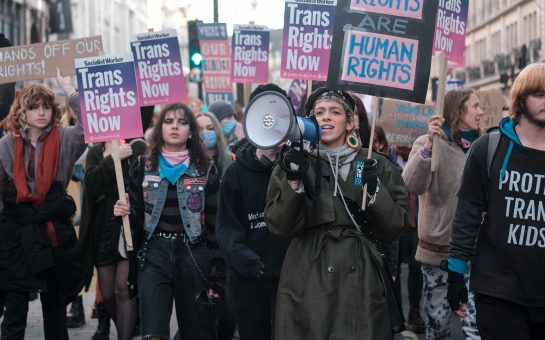 Protestors hold signs saying "trans rights are human rights".