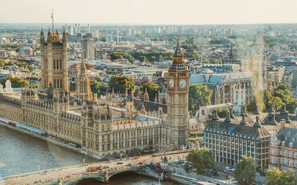 A skyview of London including Westminster