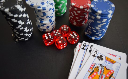 Playing cards, dice and poker chips from a casino