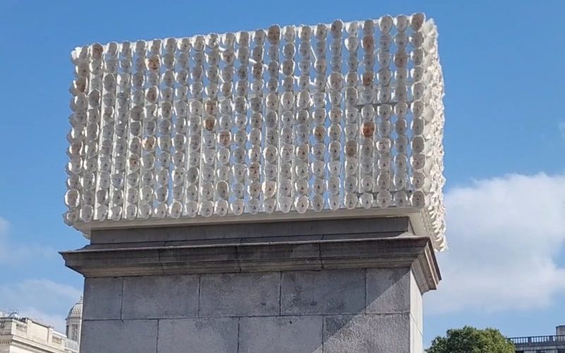 One side of the artwork atop Trafalgar Square fourth plinth shown looking up from ground level.