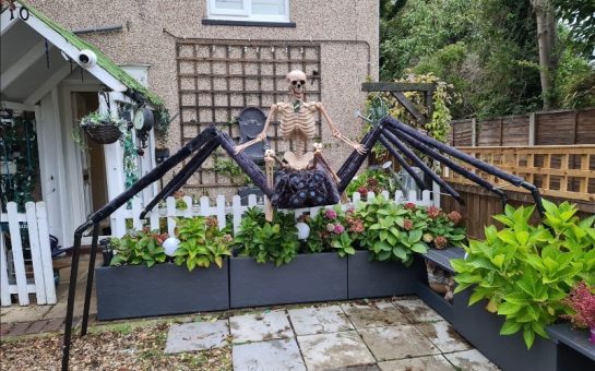 Scary skull and spider decoration outside the home