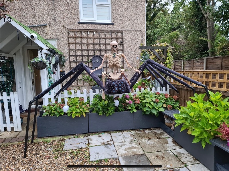 Scary skull and spider decoration outside the home