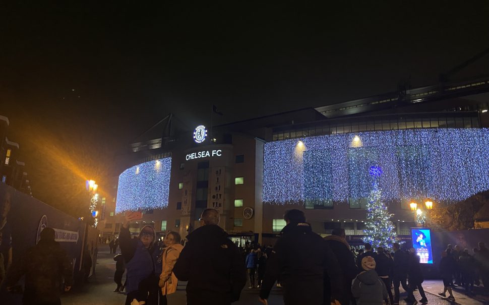 An image of Stamford Bridge under the lights.