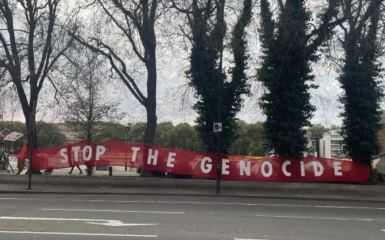 A photo of protesters outside the US embassy