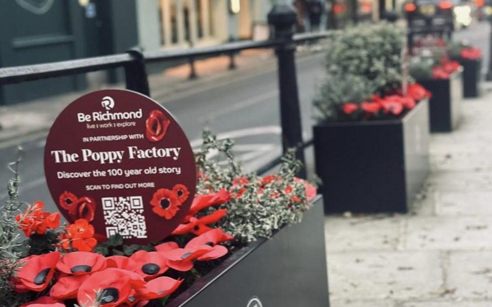 An image of red poppies on a street in Richmond as part of the campaign Be Remembered launched in partnership with Be Richmond and The Poppy Factory