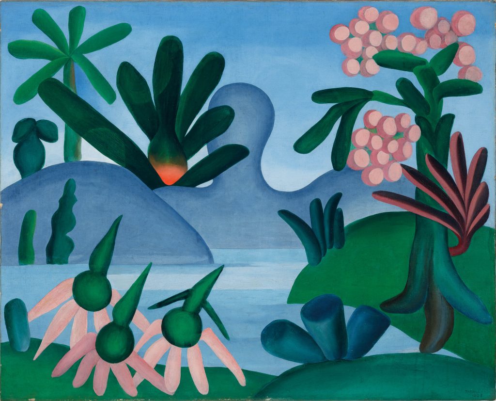 Blue pink and green painting of a landscape with hills, flowers and sea.