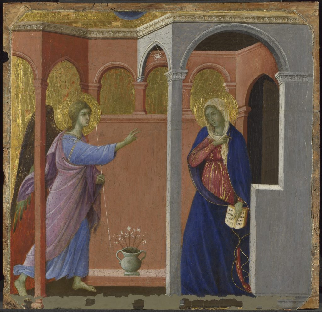 14th century painting of an angel in light blue and pink greeting a person in a porch wearing blue and red