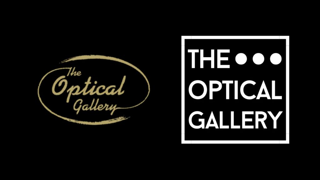 The image displays two logos for "The Optical Gallery" on a black background. On the left, there is a gold, oval-shaped logo with cursive text. On the right, a modern, white logo features bold, capitalized text inside a rectangular frame, with three dots at the top left.