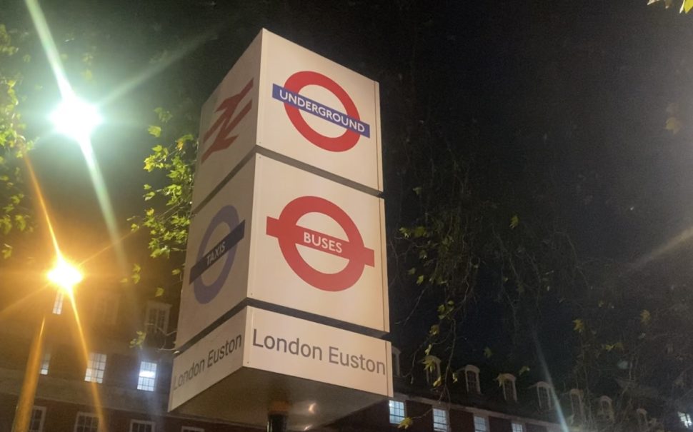 Euston station sign at night