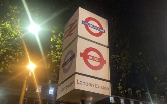 Euston station sign at night